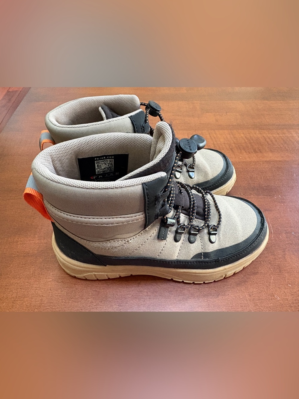 Pajar Kids Tan and Black Hiking Boots with Orange Pull Tab